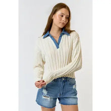  Denim Collared Sweater Top