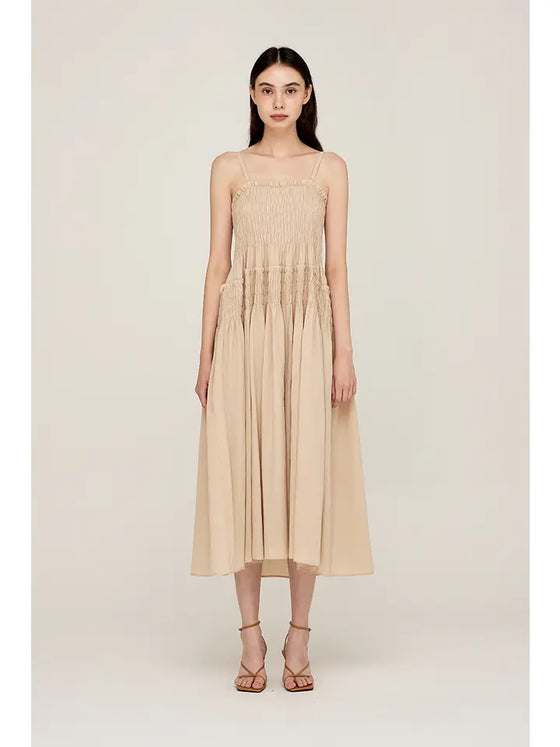 Boxy Smocked Cotton Dress - Sand