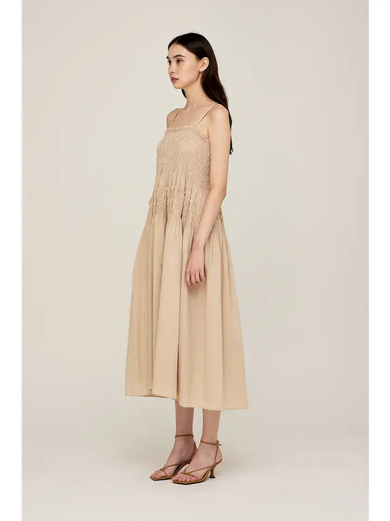 Boxy Smocked Cotton Dress - Sand