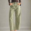 Green pants worn by a person on a gray background