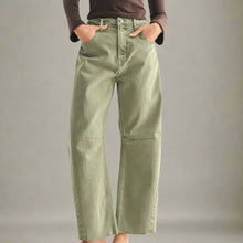  Green pants worn by a person on a gray background