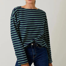  Boat Neck Long Sleeve Stripe Top