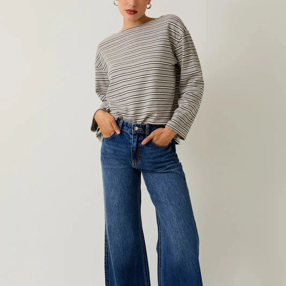 Boat Neck Long Sleeve Stripe Top