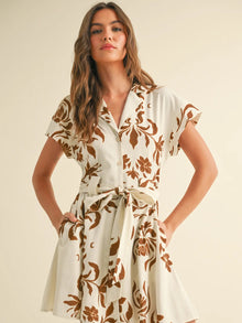  Floral Print Linen Buttodown Shirt Dress