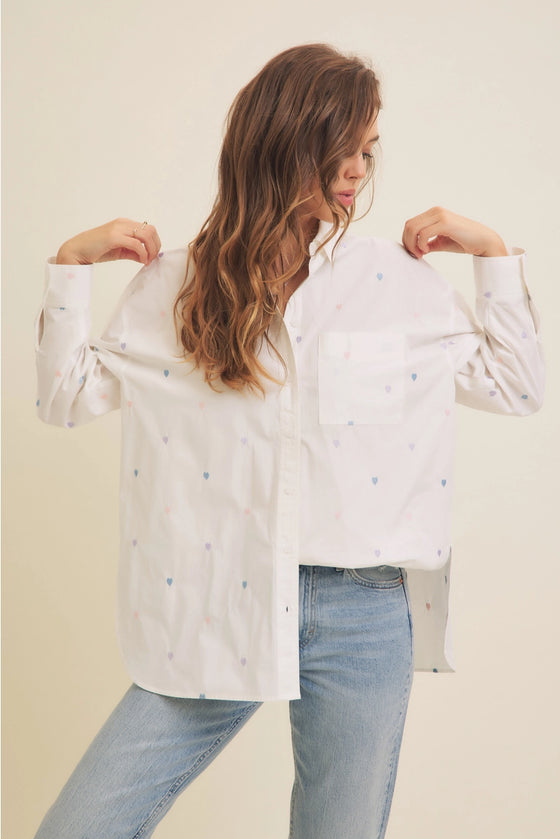 Full of Hearts Embroidery Button Down Long-Sleeved Shirt