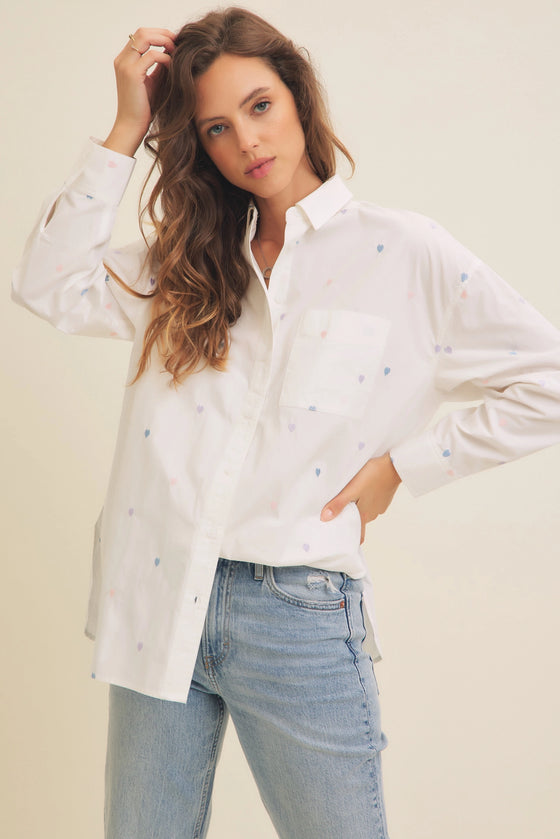 Pastel Full of Hearts Embroidery Button Down Long-Sleeved Shirt