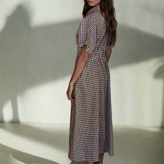 Gingham Print Button Down Flare Maxi