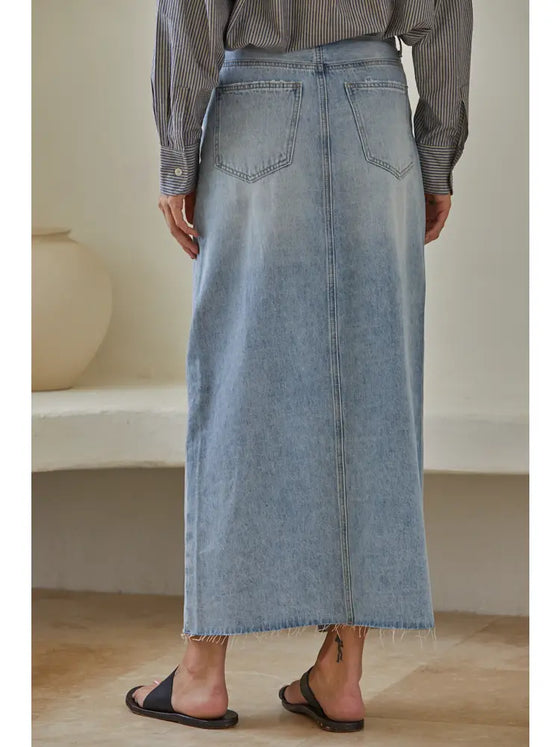 Denim Light Wash Cut Off Midi Skirt