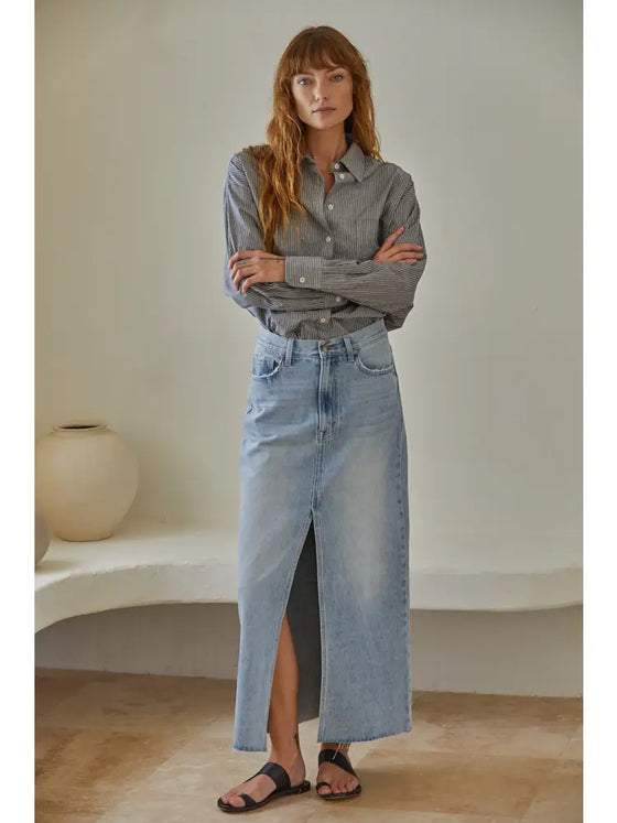 Denim Light Wash Cut Off Midi Skirt