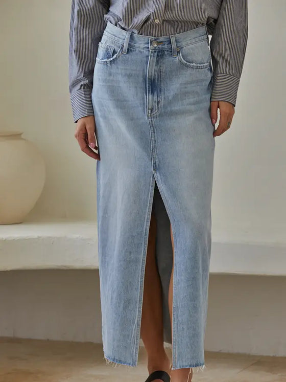 Denim Light Wash Cut Off Midi Skirt