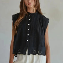  Woven Eyelet Button-down Sleeveless Top