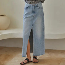  Denim Light Wash Cut Off Midi Skirt