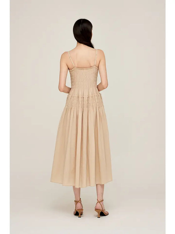 Boxy Smocked Cotton Dress - Sand