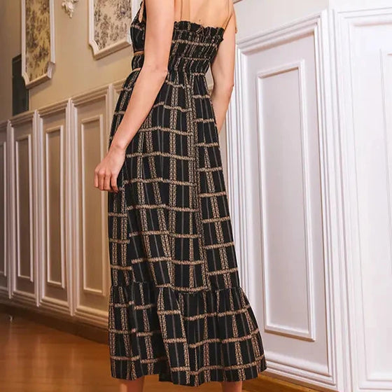 Plaid Print Midi Dress - Black/Taupe
